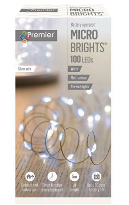B&Q -  100 Led Wire Lights White Christmas String Micro Bright's Battery With Timer 5M