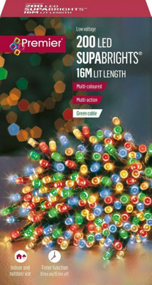 Premier Decorations Limited 200 Led Supabrights Multi-Coloured Multi-Action Green Cable from B&Q