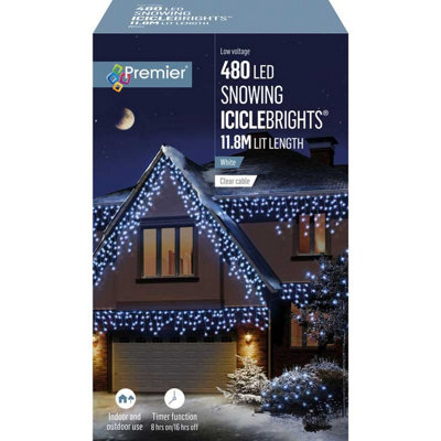 Premier Decorations Limited 480 Led White Snowing Icicle Lights Timer Christmas Lights 11.8M Lit Length from B&Q
