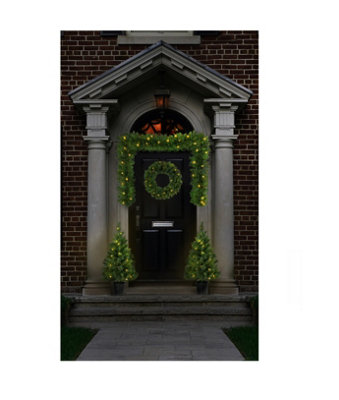Premier Decorations Limited Christmas Door Porch Decoration Set Pre Lit Pine Wreath Garland & Trees On Timer