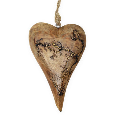 Premier Decorations Premier Heart Shaped Hanging Decoration Mango Wood Gold Veins 21Cm