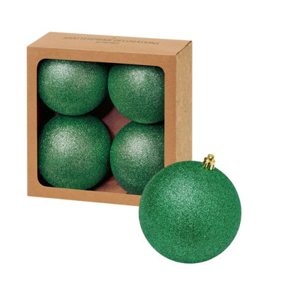 Premier Decorations Limited 4 Large Green Christmas Baubles 10Cm Hanging Glitter Tree Ornament Decoration from B&Q
