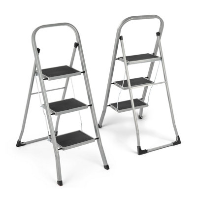 Vivo 3 Step Ladder Portable Compact Folding Metal Non Slip Stool Heavy Duty Steel Grey from B&Q