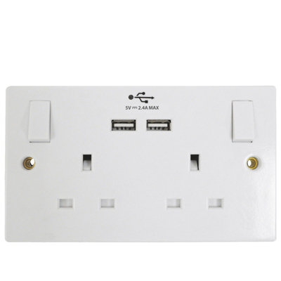 Kenable Twin Gang 13A 240V Mains Power Outlet With 2 X Usb Sockets 5V 2.4A White from B&Q