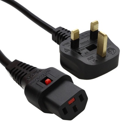 B&Q -  Locking Iec C13 Mains Power Cable Lead 3 Pin Uk Plug Locks Any C14 Black 3M