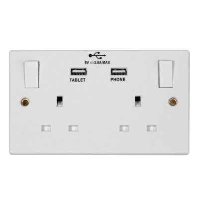 Kenable Twin Gang 13A 240V Mains Power Outlet With 2 X Usb Sockets 5V 3.6A White from B&Q