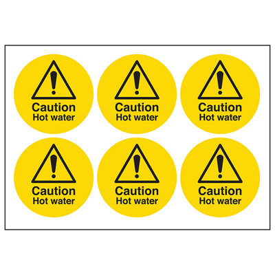 V Safety Caution Hot Water 6X Warning SignSelf Adhesive 65mm Diameter from B&Q