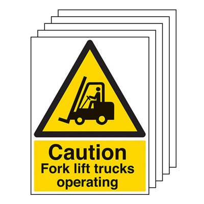 V Safety 5X Caution Fork Lift Trucks Warning Sign2mm Rigid Plastic 200X300mm from B&Q