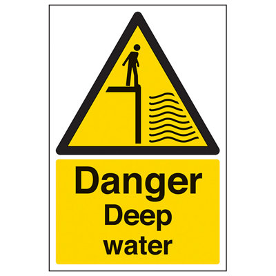 V Safety Danger Deep Water Warning Safety SignAdhesive Vinyl 200X300mm (X3) from B&Q