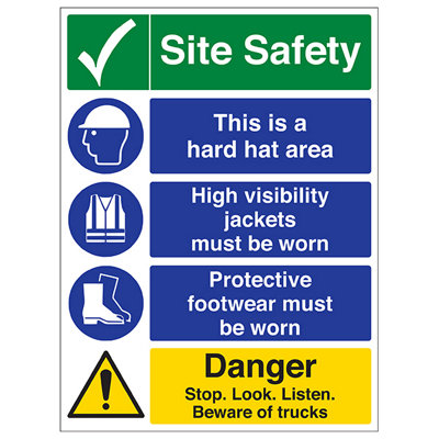 V Safety Stop Look Listen Hazard Site Safety Sign Rigid Plastic 600X800mm (X3) from B&Q