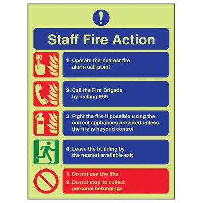 V Safety Staff Fire Action 999 Sign ProcedureGlow In The Dark 150X200mm (X3) from B&Q