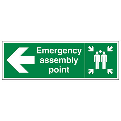 V Safety Emergency Assembly Point Arrow Left Sign Adhesive Vinyl 600X200mm (X3) from B&Q