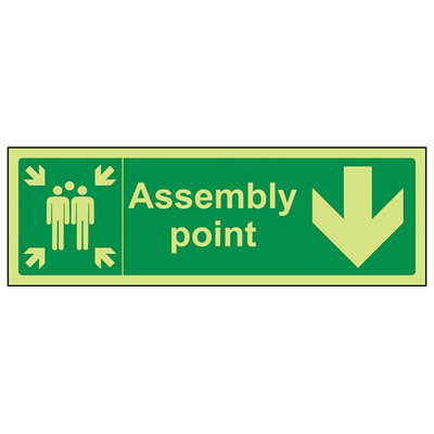 V Safety Assembly Point Arrow Down Workplace Safety SignGlow In The Dark 300X100mm (X3) from B&Q