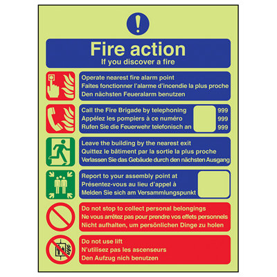 V Safety Fire Action Discovery Multi-Language Contact Safety SignGlow In The Dark150X200mm (X3) from B&Q
