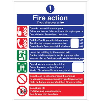 V Safety Fire Action Discovery Safety SignRigid Plastic150X200mm (X3) from B&Q
