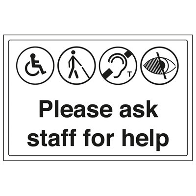 V Safety Please Ask Staff For Help Info SignAdhesive Vinyl300X200mm (X3) from B&Q