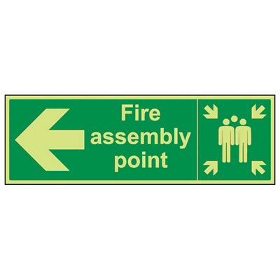 V Safety Fire Assembly Point Arrow Left SignGlow In Dark600X200mm (X3) from B&Q