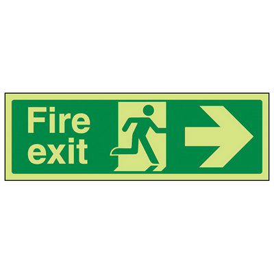 V Safety Fire Exit Arrow Right Safety SignGlow In The Dark300X100mm (X3) from B&Q