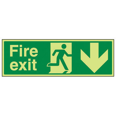 V Safety Fire Exit Arrow Down Safety SignGlow In The Dark450X150mm (X3) from B&Q