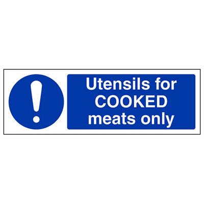 V Safety Utensils For Cooked Meats Only Catering SignAdhesive Vinyl300X100mm (X3) from B&Q