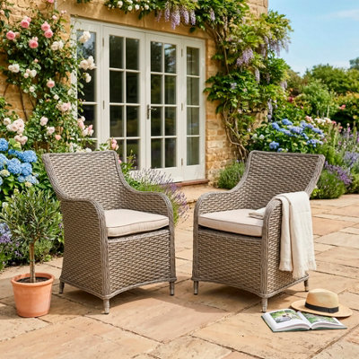 B&Q -  Chester Rattan Garden Dining Arm Chairs & CushionsSet Of 2Brown