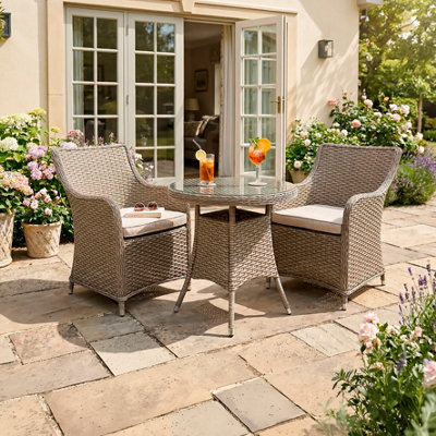 B&Q -  Chester 3 Piece Rattan Garden Furniture Dining SetGlass TableBrown