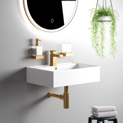 Bathroom City Blaze 510mm Wall Hung Square Basin With Gold TapWaste & Bottle TrapCeramic Bathroom Sink from B&Q