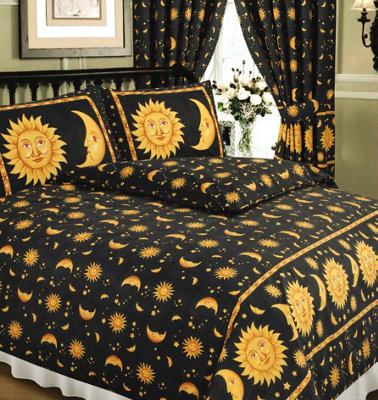 B&Q -  Single Bed Size Sun And Moon Black Duvet Cover Set Stars Yellow Gold