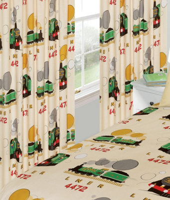 66" X 54" Little Flying Scotsman Pencil Pleat Curtain SetTrains Lner 4472 Cream Red Green from B&Q