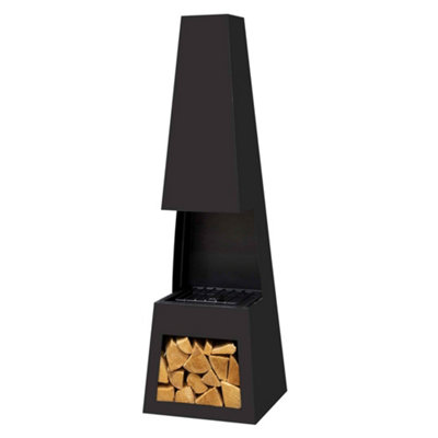 Dellonda Outdoor Chiminea Fireplace Fire Pit Heater Firewood Storage Black Steel-37157 