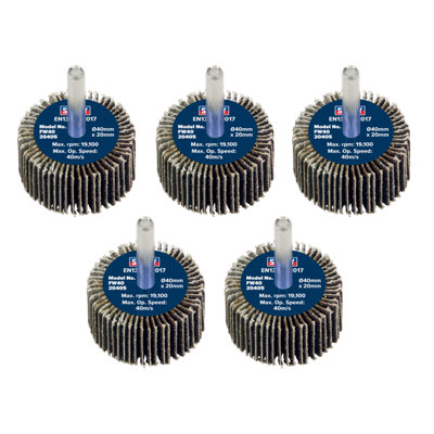 Sealey Flap Wheel 40Mm X 20Mm 6Mm Shaft 40 Grit 5 Pieces 26700 Rpm Fw4020405
