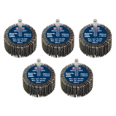 Sealey Flap Wheel 50Mm X 25Mm 6Mm Shaft 80 Grit 5 Pieces 26700 Rpm Fw5025805