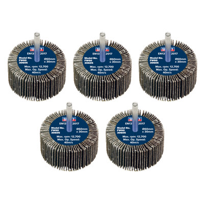 Sealey Flap Wheel 60Mm X 30Mm 6Mm Shaft 60 Grit 5 Pieces 26700 Rpm Fw6030605