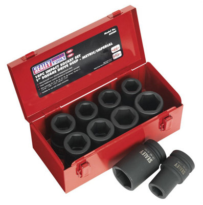 B&Q Sealey Impact Socket Set 10Pc Deep 1"Sq Drive Metric/Imperial Ak689