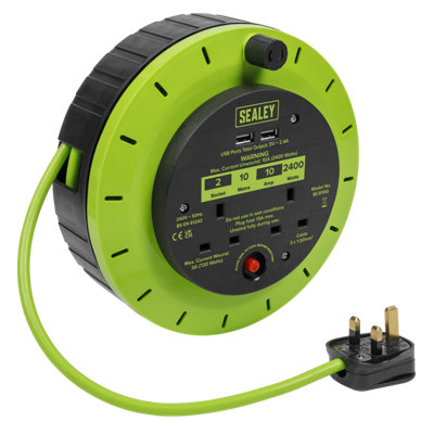 Sealey Cassette Type Cable Reel With Thermal Trip 2X 230V 2X Usb 10M Green