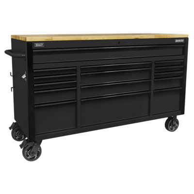 B&Q -  Superline Pro Black Edition Mobile Trolley With Wooden Worktop 15 Drawer 1549mm