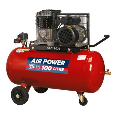 Sealey Sac1103b Belt Drive Air Compressor With Cast Cylinders & Wheels 3.5Hp 100L