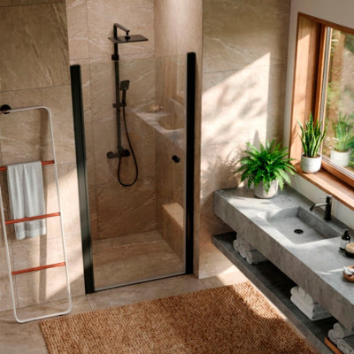 B&Q -  Pivot Shower Door 800 X 1850mm6mm Tempered GlassReversible InstallationBlackDh304