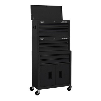 B&Q -  Ap2200Bkstack American Pro TopchestMid-Box Tool Chest & Rollcab Stack 9 DrawerBlack