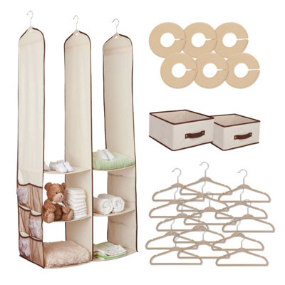 B&Q -  24Pc Kids Baby Nursery Closet Drawer Organiser Hanging Wardrobe Storage Shelf Hangers Keeps Room Tidy (Beige)