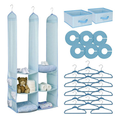 B&Q -  24Pc Kids Baby Nursery Closet Drawer Organiser Hanging Wardrobe Storage Shelf Hangers Keeps Room Tidy (Blue)