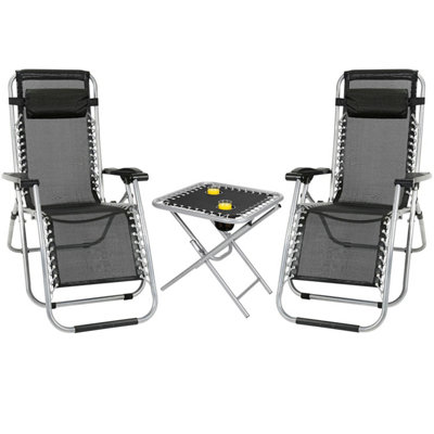 B&Q Zero Gravity Chair Set Of 3 Black Reclining Sunloungers With Headrest & Folding Table For Garden & Beach