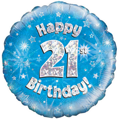 Oaktree 18 Inch Happy 21St Birthday Blue Holographic Balloon Blue/silver (One Size) from B&Q