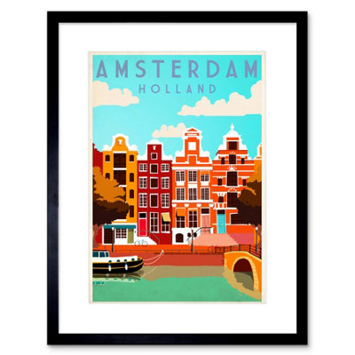B&Q -  Travel Amsterdam Holland Netherlands Canal Bridge Boat House Framed Wall Art Print