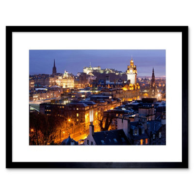 B&Q -  Cityscape Edinburgh Scotland Castle Scott Monument Night Framed Wall Art Print