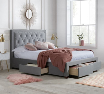 Woodbury Grey Velvet Fabric 4 Drawer Storage Bed Frame5Ft King Size from B&Q