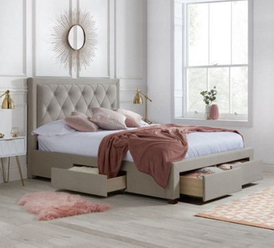 Woodbury Warm Stone Velvet Fabric 4 Drawer Storage Bed Frame5Ft King Size from B&Q
