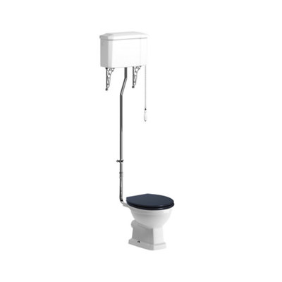 * Somerton White Boxed Rim Open Back Toilet Set With Indigo Ash Soft Close Seat & High Level Cistern from B&Q