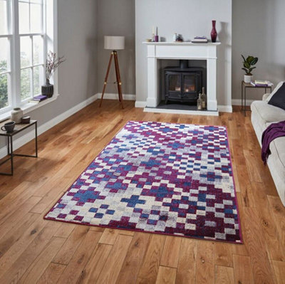 Aspect Furniture Multi Fractals Vintage Geometric Check Pattern Rug (Pink/blue/grey/cream),120X170Cm from B&Q