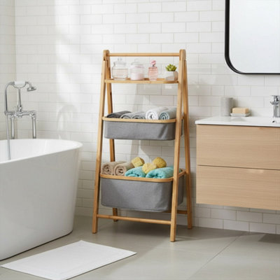Aspect Furniture: Happer 3-Tier Folding Bamboo Frame Grey Fabric Storage Rack,Natural/Grey